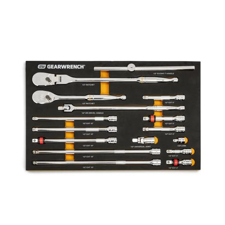 GEARWRENCH 16 Pc. 1/2" 90-Tooth Ratchet & Drive Tool Set with EVA Foam Tray 86522 Ratchet Set GEARWRENCH