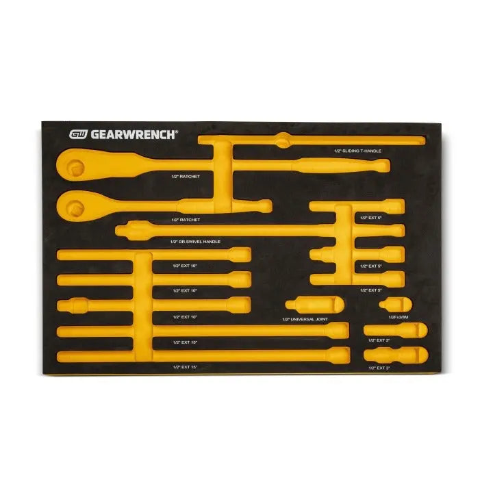 GEARWRENCH 16 Pc. 1/2" 90-Tooth Ratchet & Drive Tool Set with EVA Foam Tray 86522 Ratchet Set GEARWRENCH