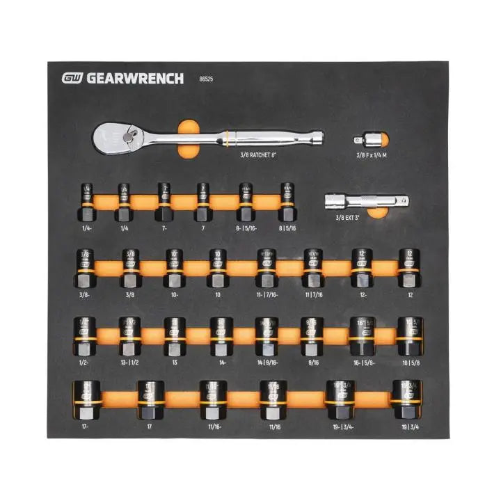 GEARWRENCH Set of 31 3/8 in Drive 90-Tooth Ratchet and Bolt Biter Sockets in Foam Storage Tray - GW 86525 Socket Set GEARWRENCH