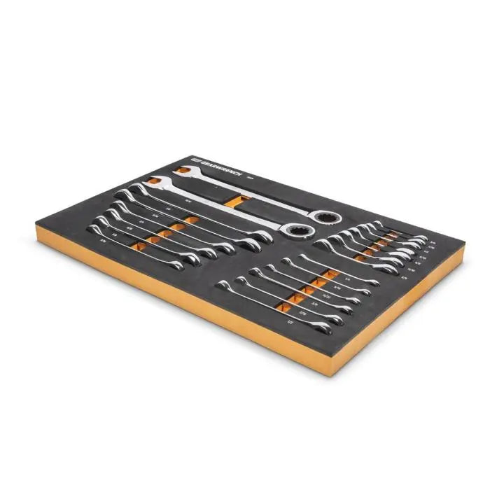 GEARWRENCH Set of 21 72-Tooth 12-Point Standard Stubby SAE Ratcheting Combination Wrenches in Foam Storage Tray - GW 86526 Wrench Set GEARWRENCH