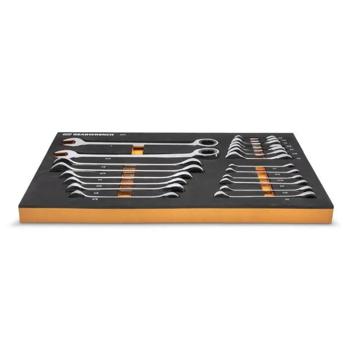 GEARWRENCH Set of 21 72-Tooth 12-Point Standard Stubby SAE Ratcheting Combination Wrenches in Foam Storage Tray - GW 86526 Wrench Set GEARWRENCH