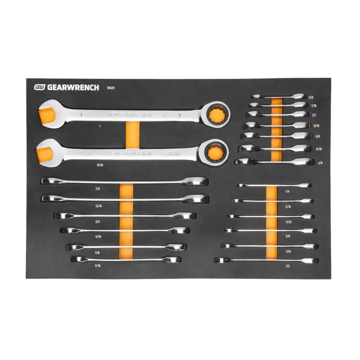 GEARWRENCH Set of 21 72-Tooth 12-Point Standard Stubby SAE Ratcheting Combination Wrenches in Foam Storage Tray - GW 86526 Wrench Set GEARWRENCH