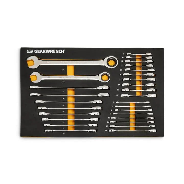 GEARWRENCH 28 Pc. 72-Tooth 12 Point Metric Standard & Stubby Combination Ratcheting Wrench Set with EVA Foam Tray 86527 Wrench Set GEARWRENCH