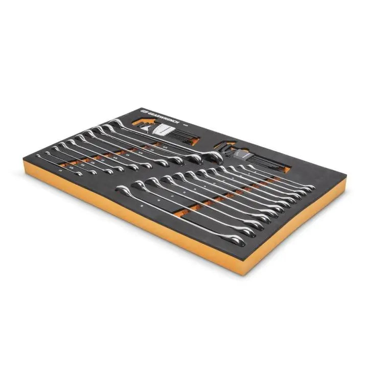 GEARWRENCH Set of 44 90-Tooth SAE/Metric Combination Ratcheting Wrench and Long Arm Hexagon Keys in Foam Storage Tray - GW 86528 Tool Set GEARWRENCH