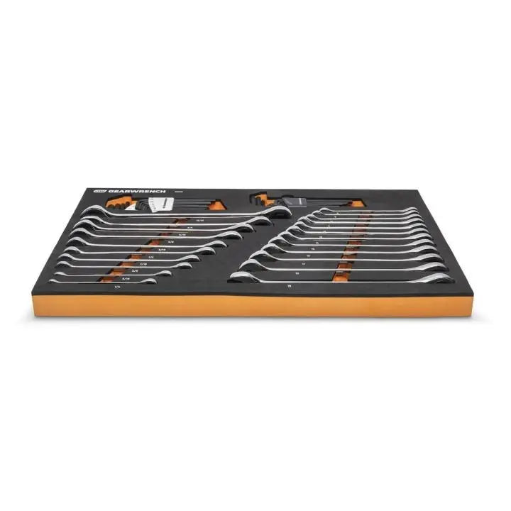 GEARWRENCH Set of 44 90-Tooth SAE/Metric Combination Ratcheting Wrench and Long Arm Hexagon Keys in Foam Storage Tray - GW 86528 Tool Set GEARWRENCH