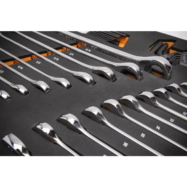 GEARWRENCH Set of 44 90-Tooth SAE/Metric Combination Ratcheting Wrench and Long Arm Hexagon Keys in Foam Storage Tray - GW 86528 Tool Set GEARWRENCH