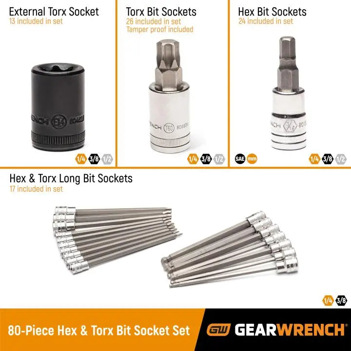 GEARWRENCH Set of 80 1/4 in, 3/8 in, 1/2 in Drive Hexagon/Ball End Hexagon/Tamper Proof Torx/E-Torx/Torx Bit Sockets - GW 86538 Socket Set GEARWRENCH