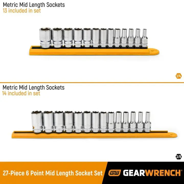 GEARWRENCH Set of 27 1/4 in, 3/8 in Drive 6-Point Mid Length Metric Sockets - GW 86541-06 Socket Set GEARWRENCH