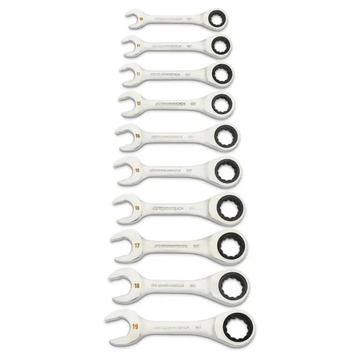 GEARWRENCH Set of 10 90-Tooth 12-Point Stubby Metric Ratcheting Combination Wrenches - GW 86850 Wrench Set GEARWRENCH