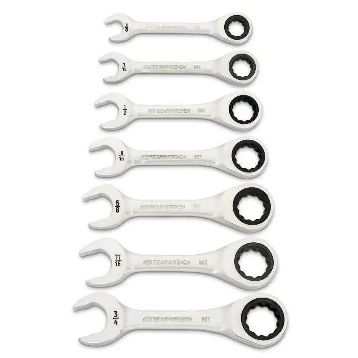 GEARWRENCH Set of 7 90-Tooth 12-Point Stubby SAE Ratcheting Combination Wrenches - GW 86858 Wrench Set GEARWRENCH