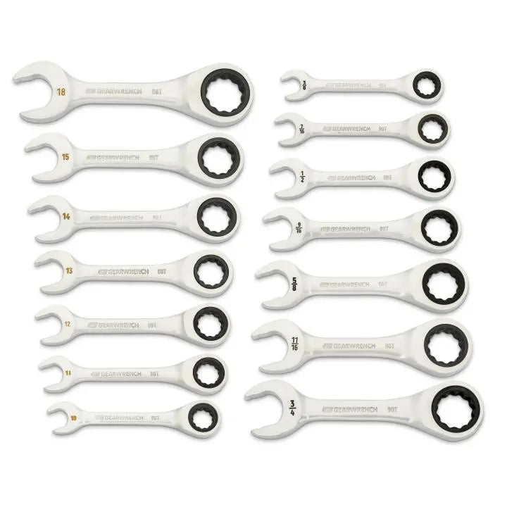 GEARWRENCH Set of 14 90-Tooth 12-Point Stubby SAE/Metric Ratcheting Combination Wrenches - GW 86859 Wrench Set GEARWRENCH