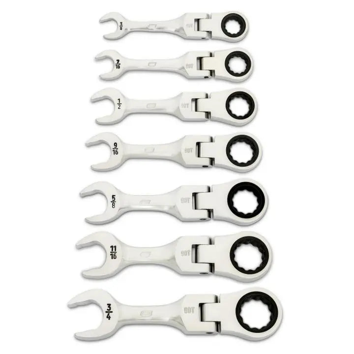 GEARWRENCH Set of 7 90-Tooth 12-Point Stubby SAE Flex Ratcheting Combination Wrenches - GW 86878 Wrench Set GEARWRENCH