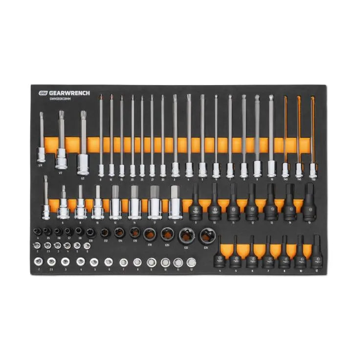 GEARWRENCH Set of 74 1/4 in, 3/8 in, 1/2 in Drive Metric Bit Sockets in Foam Storage Tray - GW GWMSBSKCBMM Socket Set GEARWRENCH