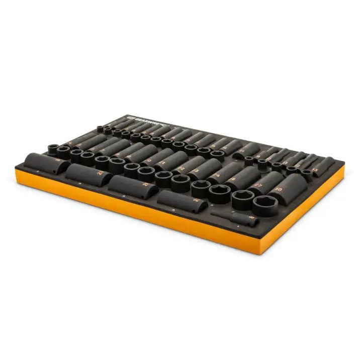 GEARWRENCH Set of 68 3/8 in and 1/2 in Drive 6 Point Standard and Deep Metric Hi-Viz Impact Socket with Foam Storage Tray - GW GWMSISKHMM