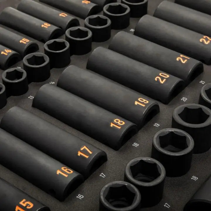 GEARWRENCH Set of 68 3/8 in and 1/2 in Drive 6 Point Standard and Deep Metric Hi-Viz Impact Socket with Foam Storage Tray - GW GWMSISKHMM