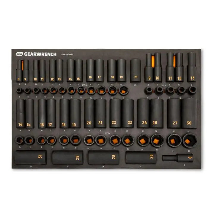 GEARWRENCH Set of 68 3/8 in and 1/2 in Drive 6 Point Standard and Deep Metric Hi-Viz Impact Socket with Foam Storage Tray - GW GWMSISKHMM