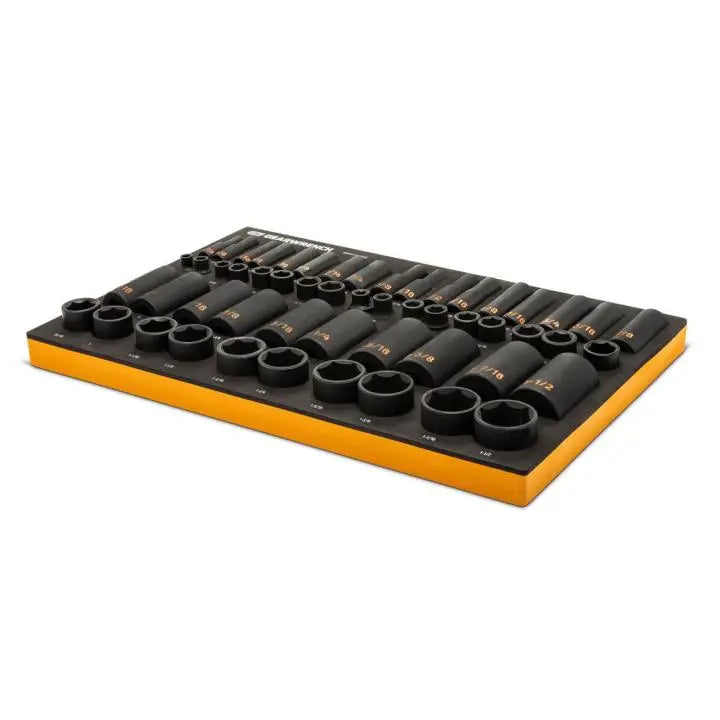 GEARWRENCH Set of 54 3/8 in and 1/2 in Drive 6 Point SAE Hi-Viz Standard and Deep Impact Socket with Foam Storage Tray - GW GWMSISKHSAE