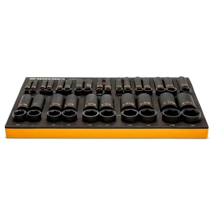 GEARWRENCH Set of 54 3/8 in and 1/2 in Drive 6 Point SAE Hi-Viz Standard and Deep Impact Socket with Foam Storage Tray - GW GWMSISKHSAE