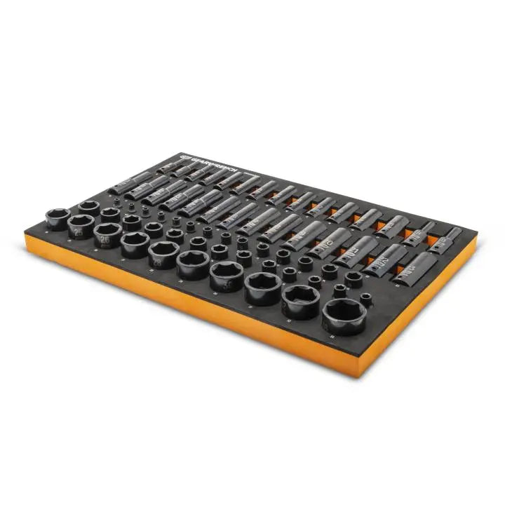 GEARWRENCH Set of 66 1/4 in, 3/8 in, 1/2 in Drive 6-Point Metric Impact Sockets in Foam Storage Tray - GW GWMSISKMM Socket Set GEARWRENCH