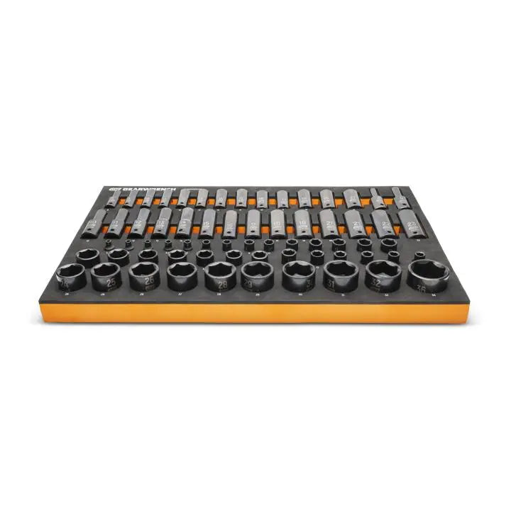 GEARWRENCH Set of 66 1/4 in, 3/8 in, 1/2 in Drive 6-Point Metric Impact Sockets in Foam Storage Tray - GW GWMSISKMM Socket Set GEARWRENCH