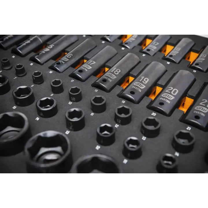 GEARWRENCH Set of 66 1/4 in, 3/8 in, 1/2 in Drive 6-Point Metric Impact Sockets in Foam Storage Tray - GW GWMSISKMM Socket Set GEARWRENCH