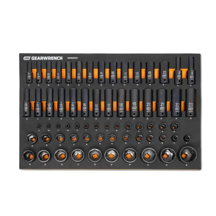 GEARWRENCH Set of 66 1/4 in, 3/8 in, 1/2 in Drive 6-Point Metric Impact Sockets in Foam Storage Tray - GW GWMSISKMM Socket Set GEARWRENCH