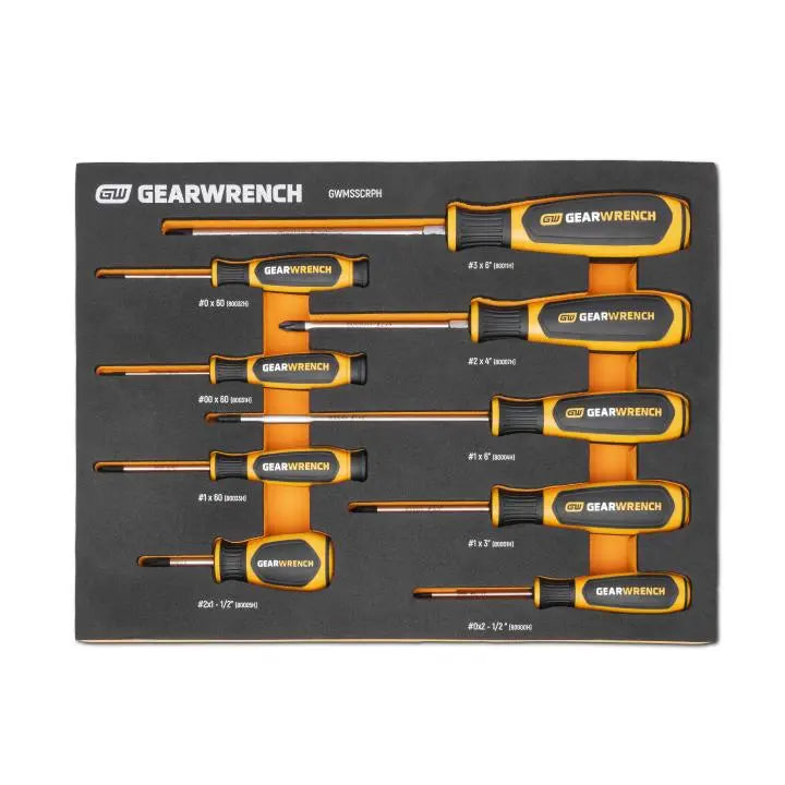 GEARWRENCH Set of 9 Dual Material Phillips Screwdrivers in Foam Storage Tray - GW GWMSSCRPH Screwdriver Set GEARWRENCH