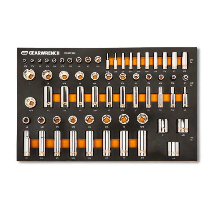 GEARWRENCH Set of 63 1/4 in, 3/8 in and 1/2 in Drive SAE Hi-Viz Socket with Foam Tray - GW GWMSSKTHSAE