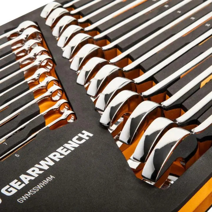 GEARWRENCH Set of 24 12 Point Long Pattern Metric Hi-Viz Combination Wrench with Foam Storage Tray - GW GWMSSWHMM