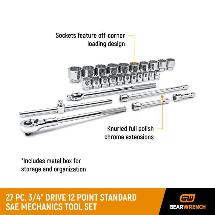 GEARWRENCH Set of 27 3/4 in Drive 12-Point SAE Standard Mechanics Tool - GW 80880 GEARWRENCH