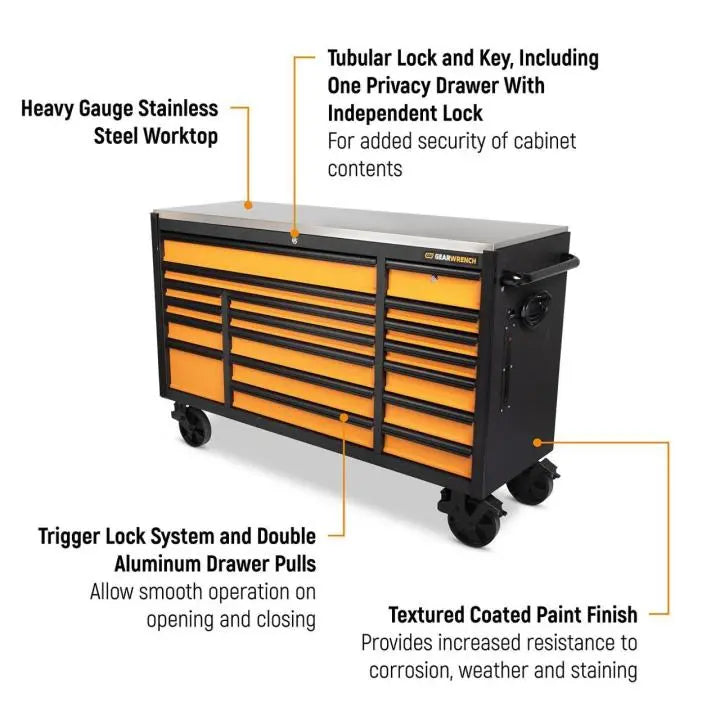GEARWRENCH 18 Drawer Rolling Tool Cabinet with Stainless Steel Worktop and Black Drawer Pull, 72 in - GW 83248 Tool Cabinet GEARWRENCH