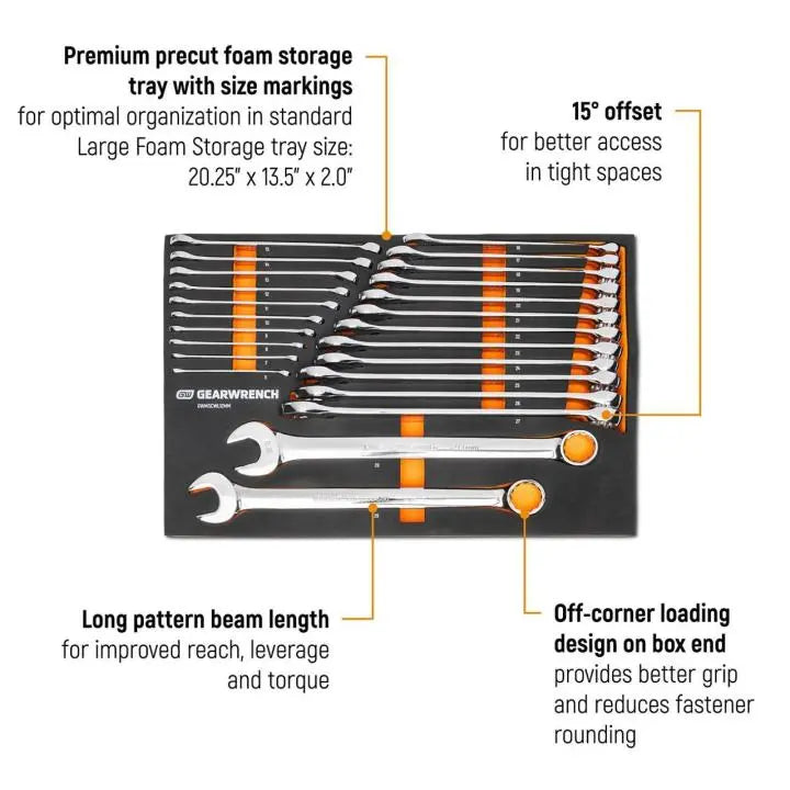 GEARWRENCH Set of 24 12-Point Long Pattern Metric Combination Wrenches in Foam Storage Tray - GW GWMSCWL12MM Wrench Set GEARWRENCH