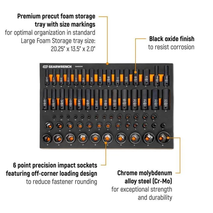 GEARWRENCH Set of 66 1/4 in, 3/8 in, 1/2 in Drive 6-Point Metric Impact Sockets in Foam Storage Tray - GW GWMSISKMM Socket Set GEARWRENCH