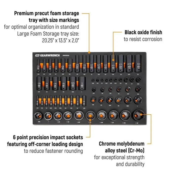 GEARWRENCH Set of 63 1/4 in, 3/8 in, 1/2 in Drive 6-Point SAE Impact Sockets in Foam Storage Tray - GW GWMSISKSAE Socket Set GEARWRENCH