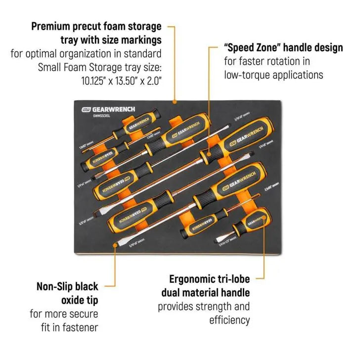 GEARWRENCH Set of 9 Dual Material Slotted Screwdrivers in Foam Storage Tray - GW GWMSSCRSL Screwdriver Set GEARWRENCH