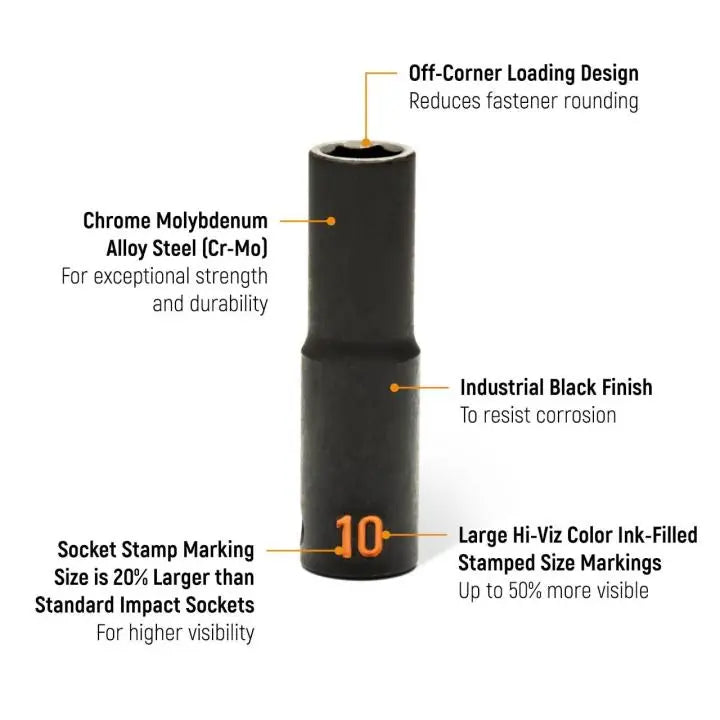 GEARWRENCH Set of 14 1/2 in Drive 6 Point Metric Hi-Viz Deep Impact Socket - GW 84955H