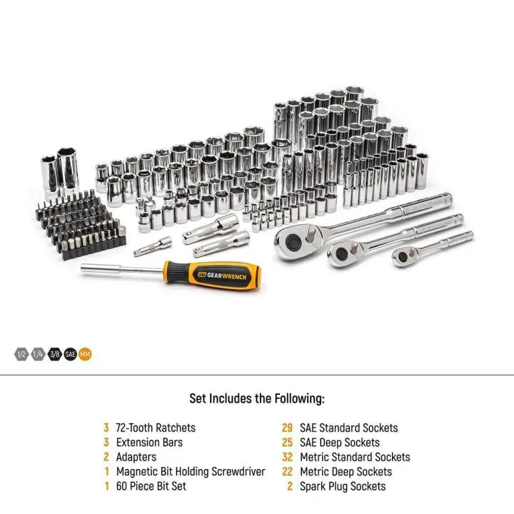 GEARWRENCH Set of 179 1/4 in, 3/8 in, 1/2 in Drive SAE/Metric Mechanics Racing Hand Tools - GW 88002 Mechanics Hand Tool Racing Set GEARWRENCH