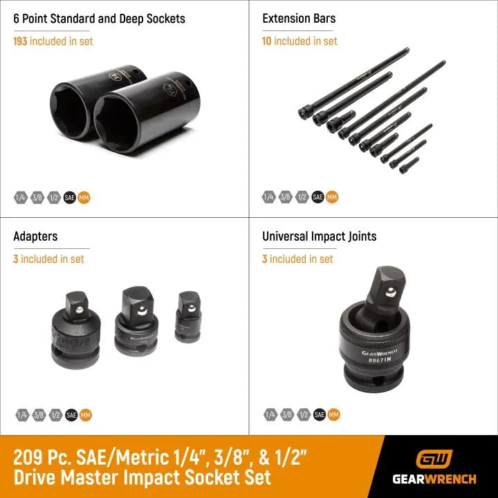 GEARWRENCH Set of 209 1/4 in, 3/8 in, 1/2 in Drive 6-Point SAE/Metric/Standard/Deep Master Impact Sockets - GW 89072 Socket Set GEARWRENCH