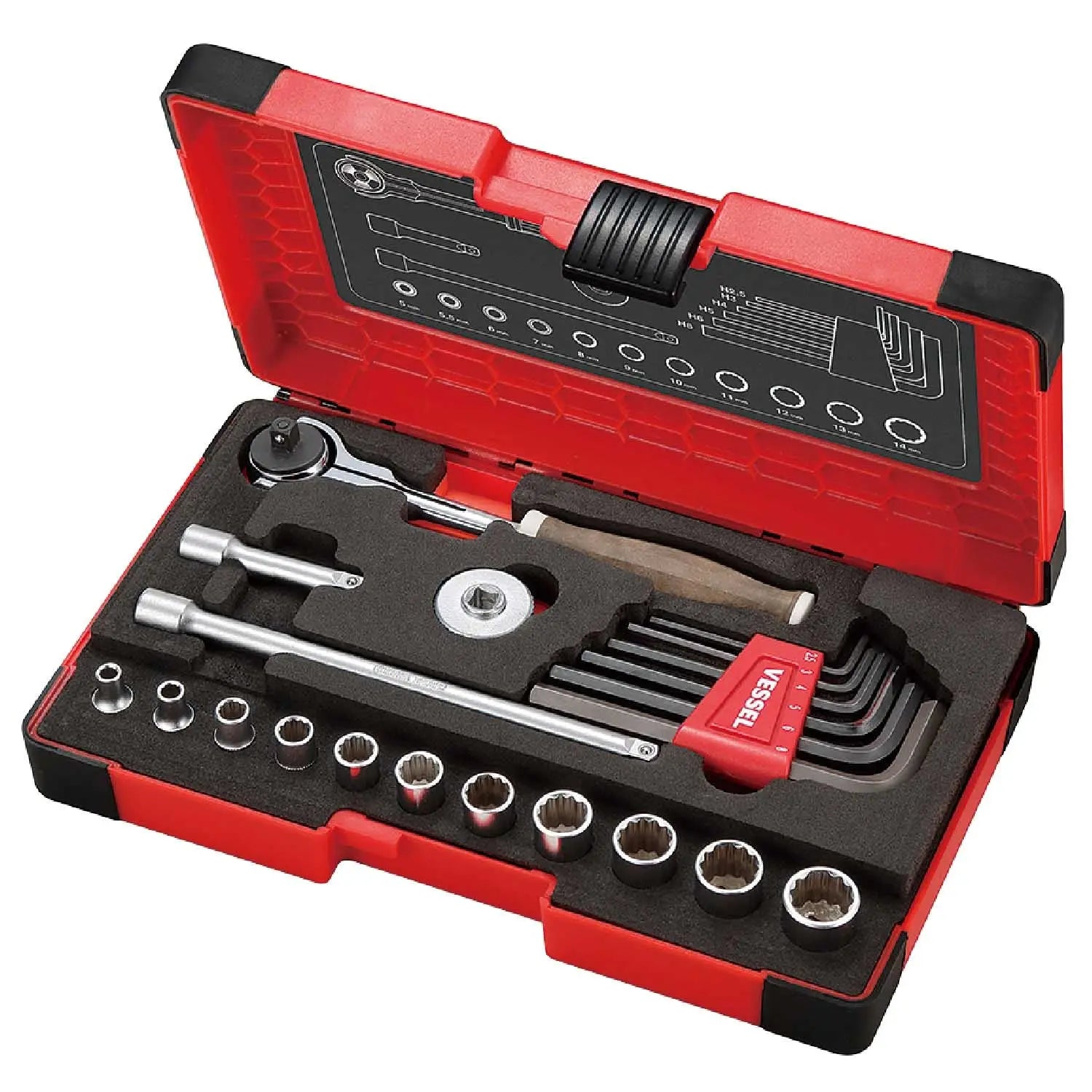 Vessel Tools Set of 21 1/4 in Square Drive Wood-Compo Swivel Socket Wrench - VL HRW2004MSW Vessel Tools