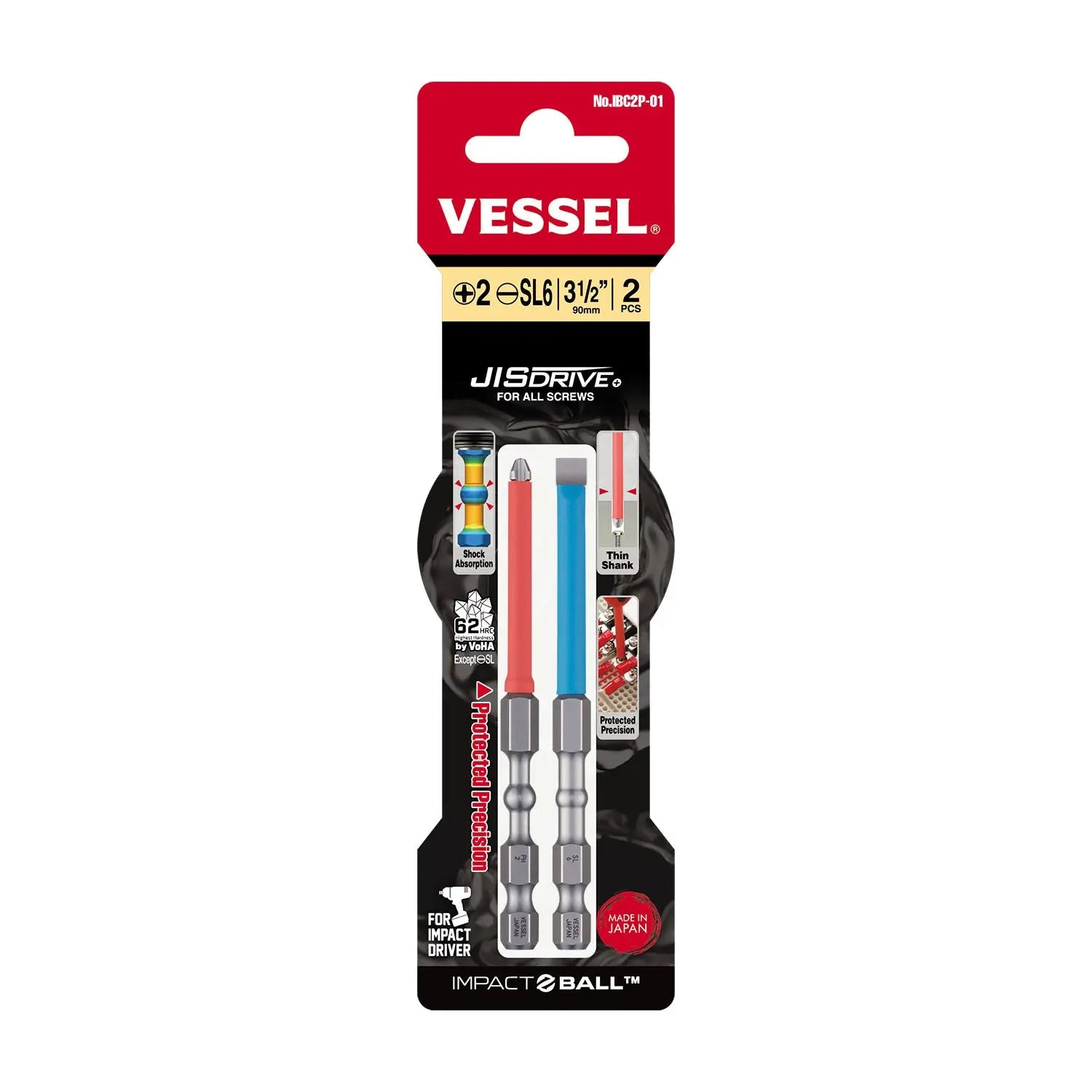 Vessel Tools Set of 2 Impact Ball Torsion Bit with Coated Tube, (+)2 / (-)SL6 x 100mm - VL IBC2P01