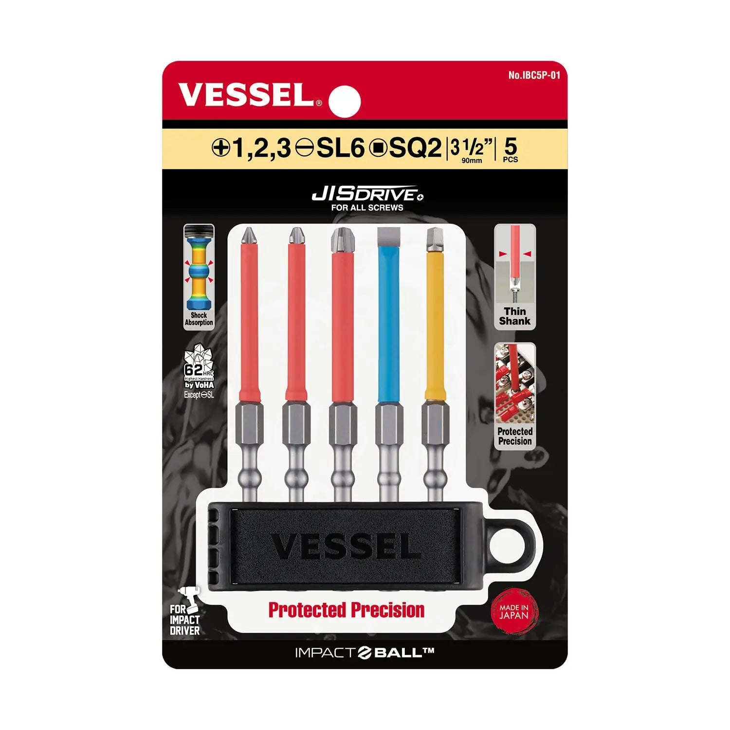Vessel Tools Set of 5 Impact Ball Torsion Bit with Coated Tube (+)1, 2, 3 / (-)SL6 / SQ2 x 100mm - VL IBC5P01