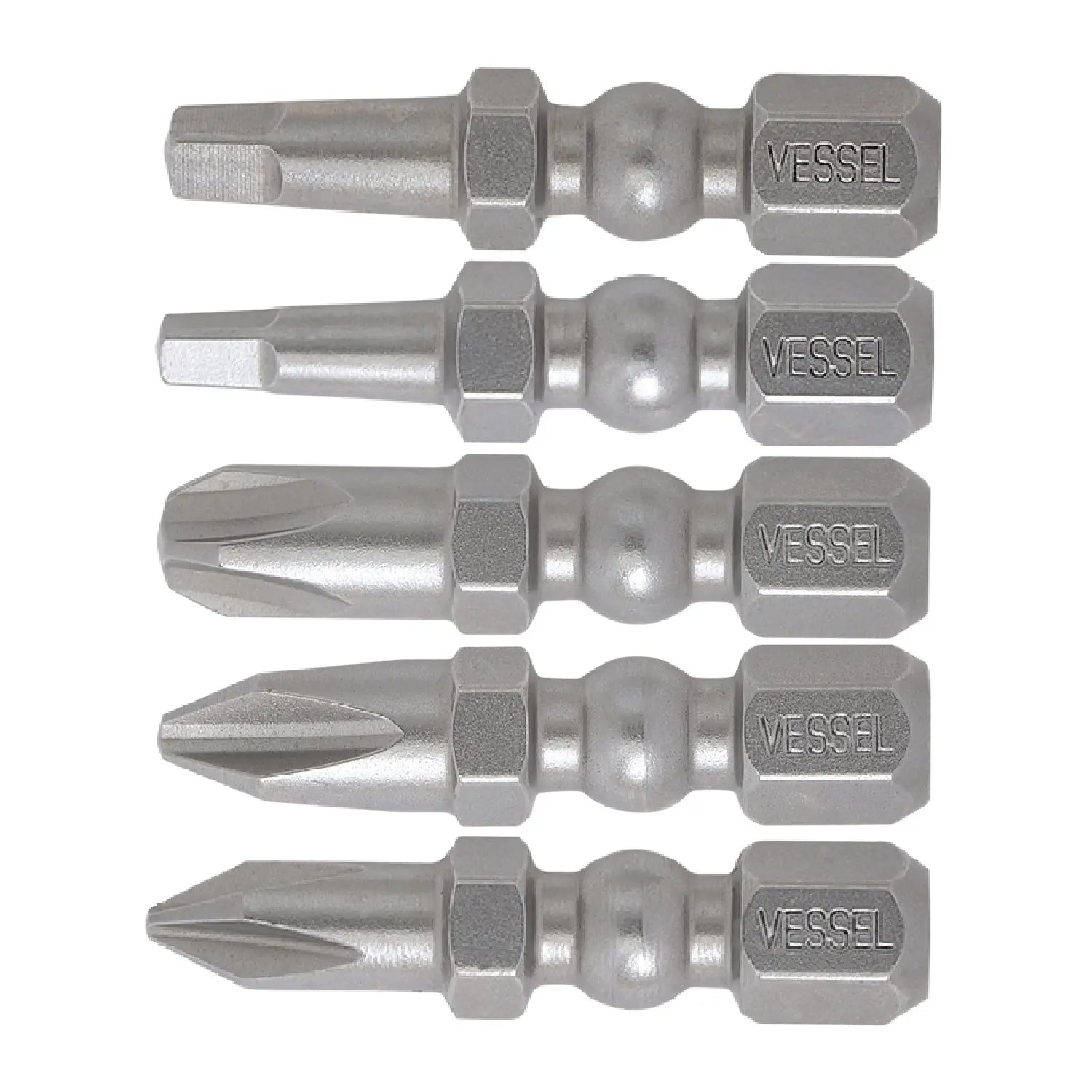 Vessel Tools Set of 5 Impact Ball Torsion Bit with Magnetic Charge Holder, PH1, PH2, PH3, SQ2, SQ3 x 30mm - VL IBMG30K001 Vessel Tools