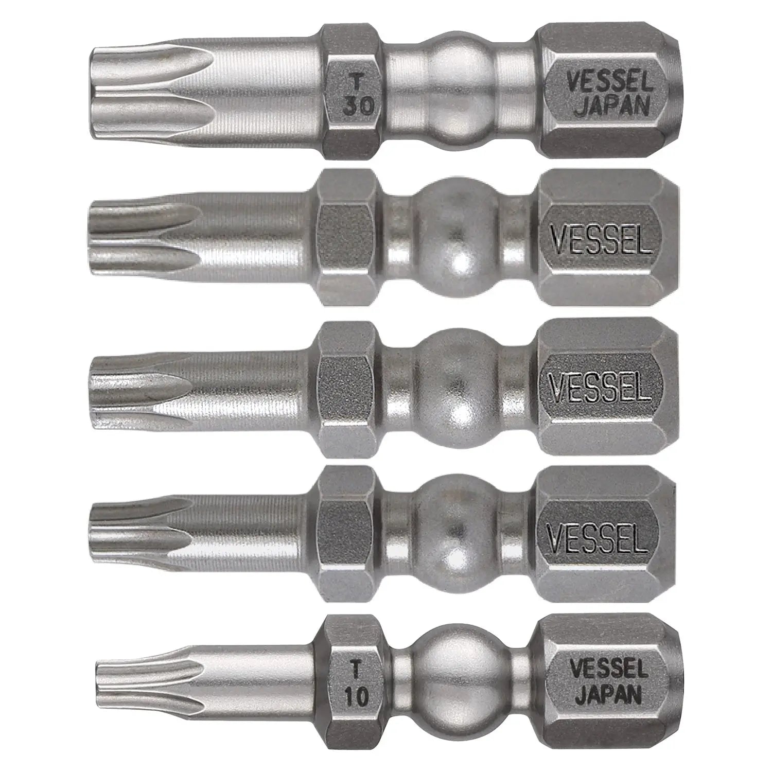 Vessel Tools Set of 5 Impact Ball Torsion Bit with Magnetic Charge Holder, T10, T15, T20, T25, T30 x 30mm - VL IBMG30K002 Vessel Tools