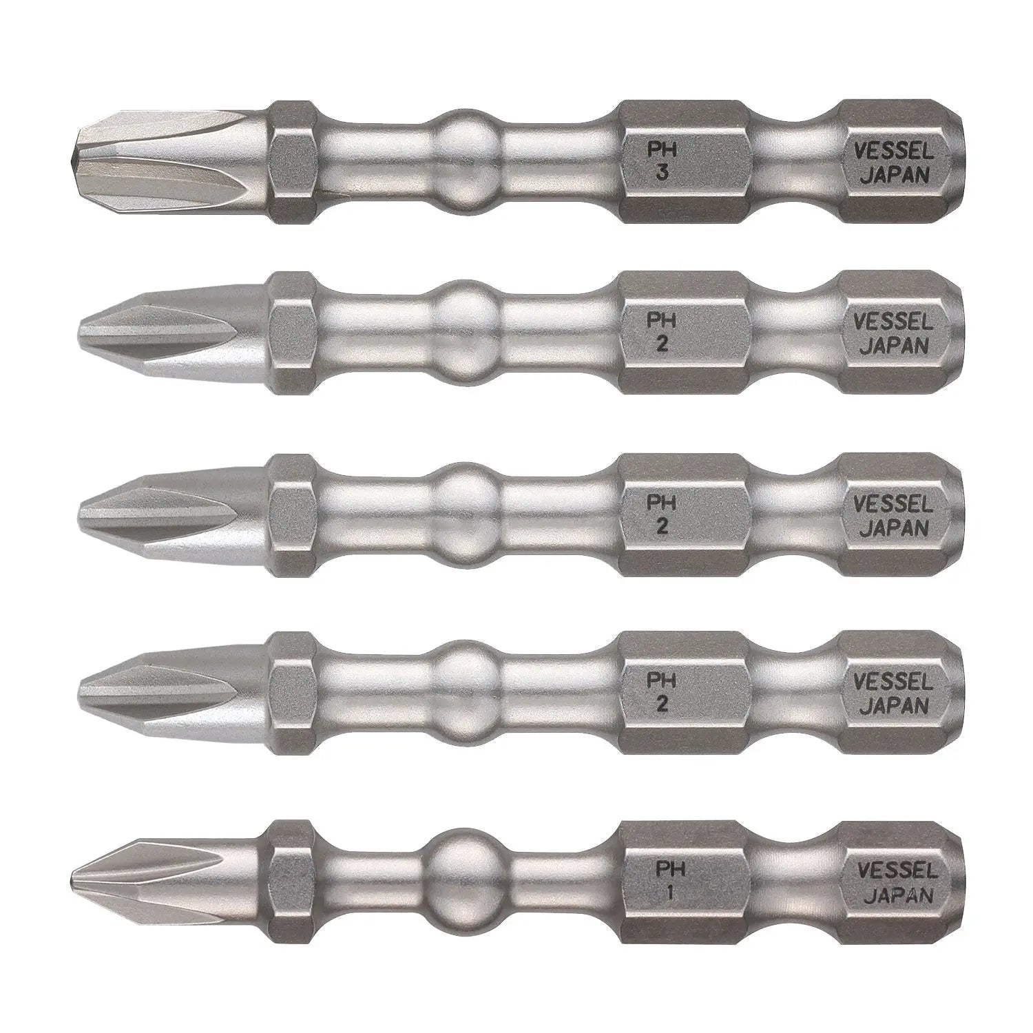 Vessel Tools Set of 5 Impact Ball Torsion Bit with Magnetic Charge Holder, PH1(1), PH2(3), PH3(1) x 50mm - VL IBMG50K001 Vessel Tools