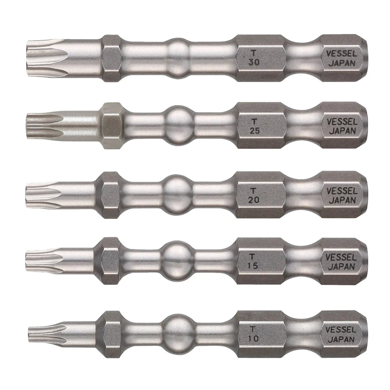 Vessel Tools Set of 5 Impact Ball Torsion Bit with Magnetic Charge Holder, T10, T15, T20, T25, T30 x 50mm - VL IBMG50K002 Vessel Tools
