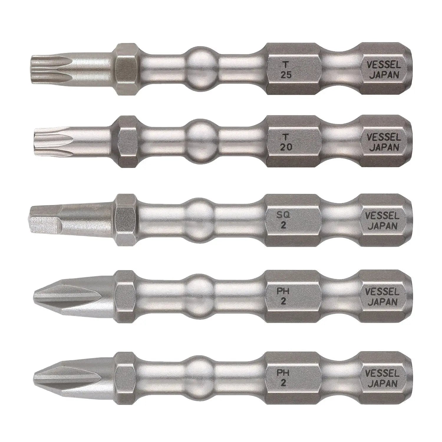 Vessel Tools Set of 4 Impact Ball Torsion Bit with Magnetic Charge Holder, PH2, SQ2, T20, T25 x 50mm - VL IBMG50K003 Vessel Tools
