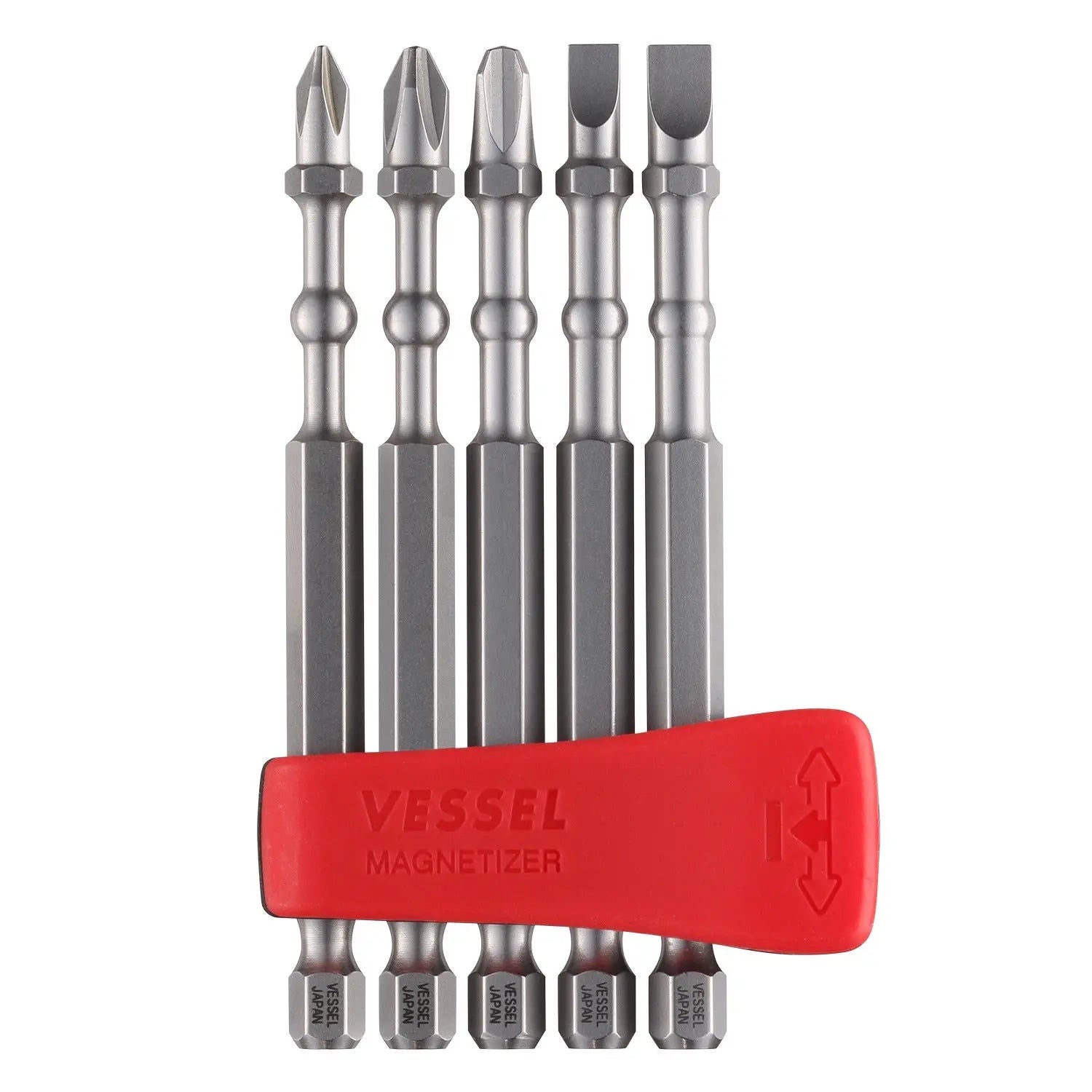 Vessel Tools Set of 5 Impact Ball Torsion Bit with Magnetic Charge Holder, PH1, PH2, PH3, Slotted4, Slotted6 x 90mm - VL IBMG90K001 Vessel Tools