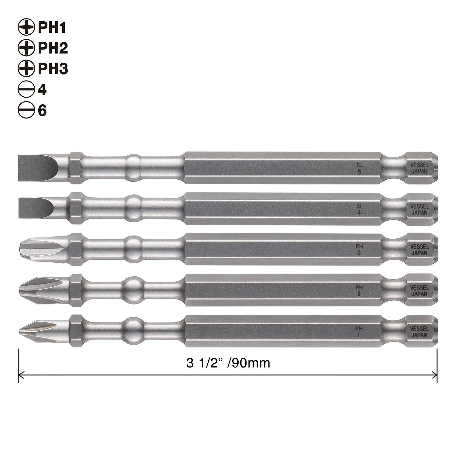 Vessel Tools Set of 5 Impact Ball Torsion Bit with Magnetic Charge Holder, PH1, PH2, PH3, Slotted4, Slotted6 x 90mm - VL IBMG90K001 Vessel Tools