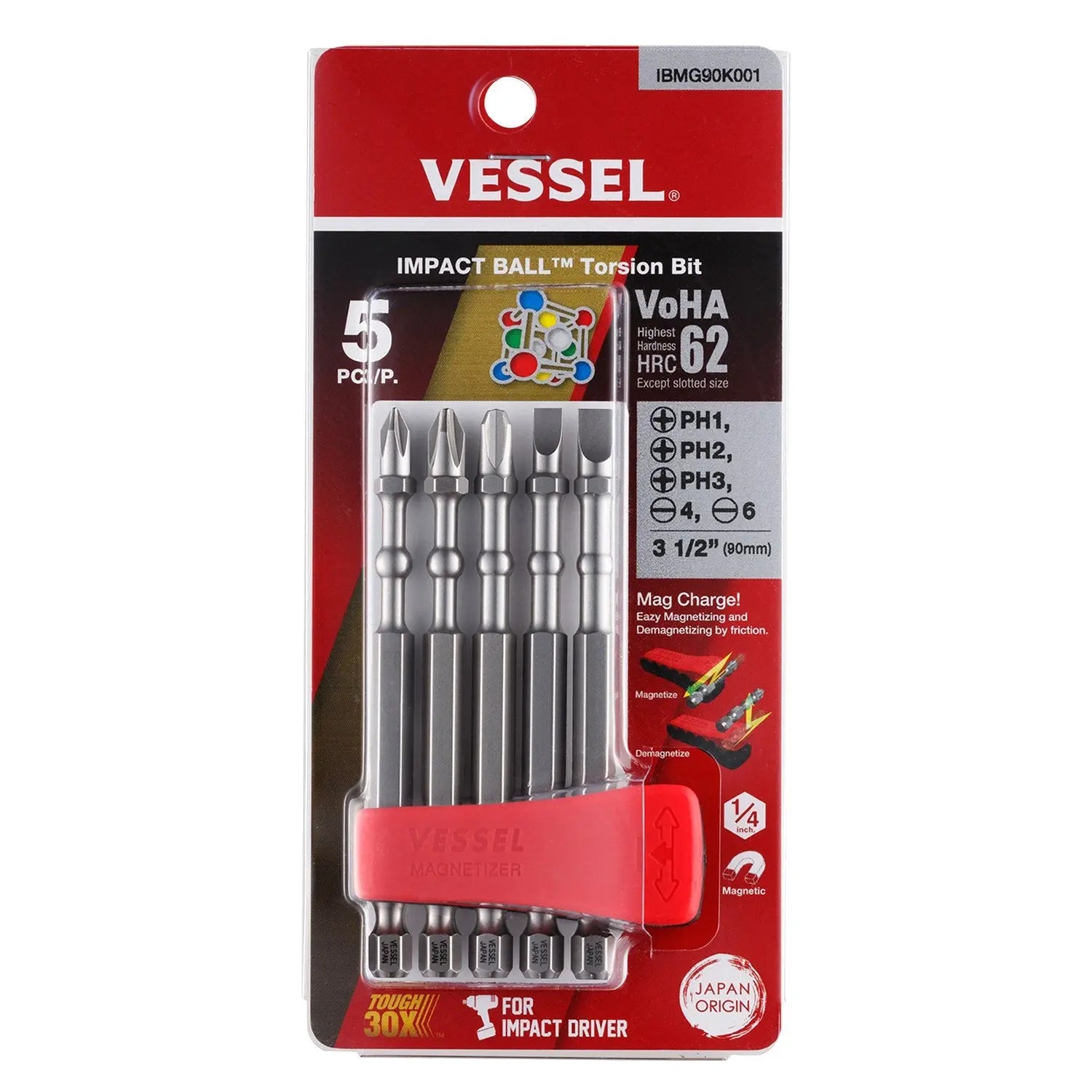 Vessel Tools Set of 5 Impact Ball Torsion Bit with Magnetic Charge Holder, PH1, PH2, PH3, Slotted4, Slotted6 x 90mm - VL IBMG90K001 Vessel Tools
