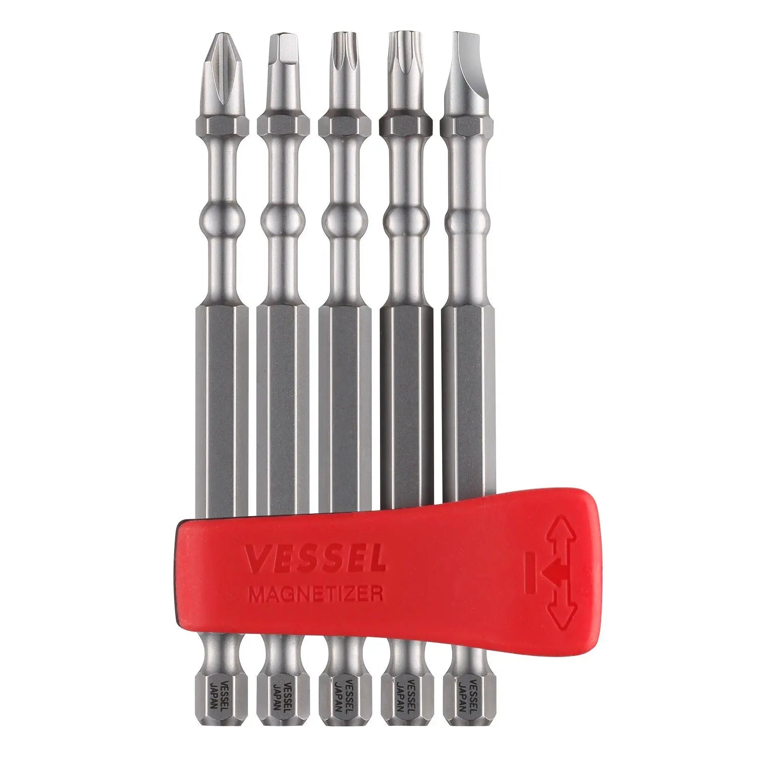 Vessel Tools Set of 5 Impact Ball Torsion Bit with Magnetic Charge Holder, PH2, Slotted6, SQ2, T20, T25 x 90mm - VL IBMG90K002 Vessel Tools